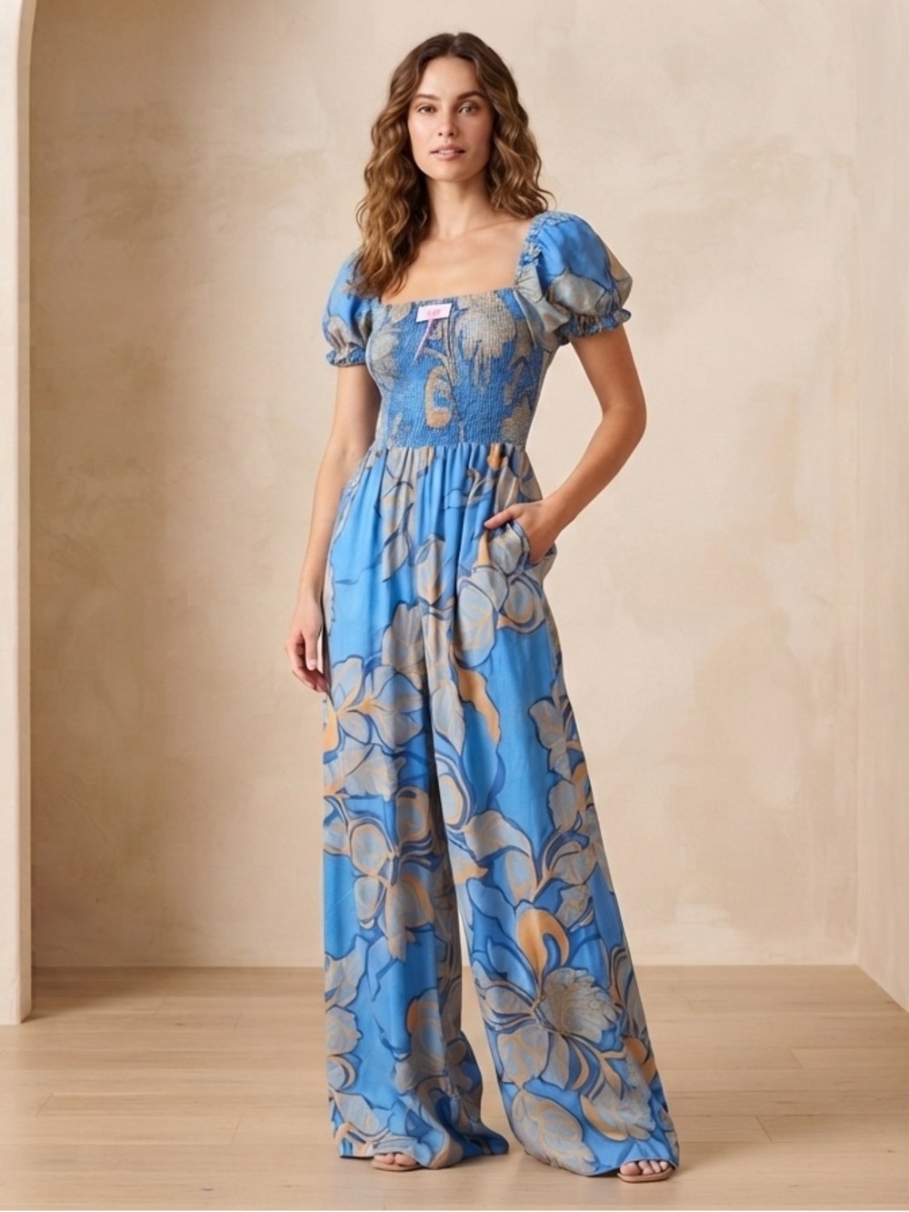 Blue Floral Puff-Sleeve Jumpsuit